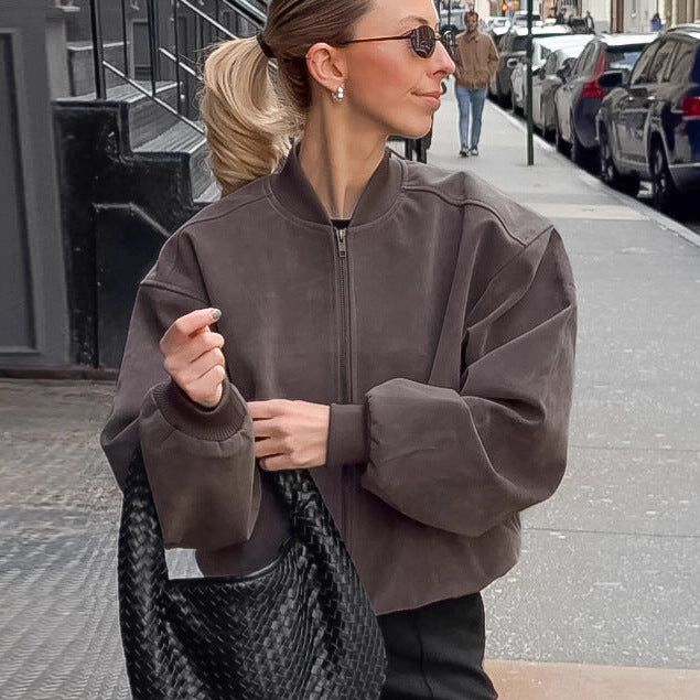 Gray Suede Stand Collar Pilot Jacket for Women