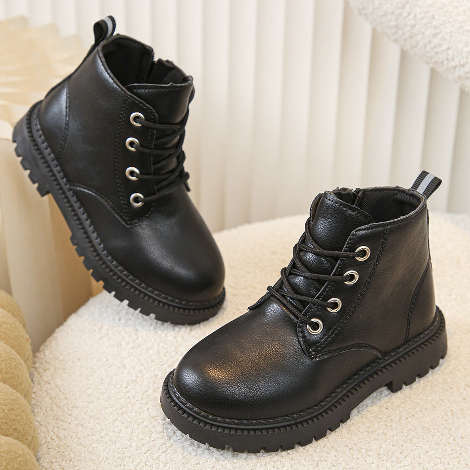 Kids British Style Soft Sole Leather Boots Warm Winter