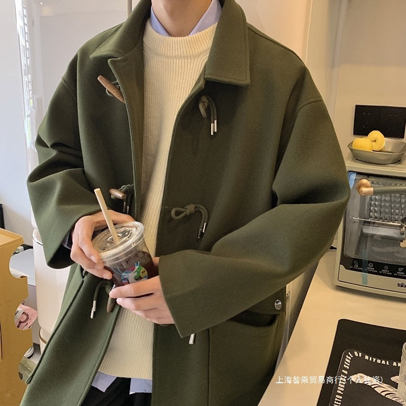 Men’s Woolen Coat – Mid-Length Horn Button Autumn/Winter Jacket