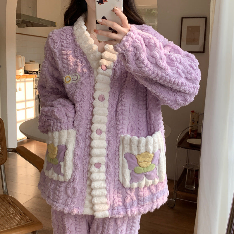 Women’s Coral Fleece Pajamas 2026 Autumn Winter Warm Home Wear