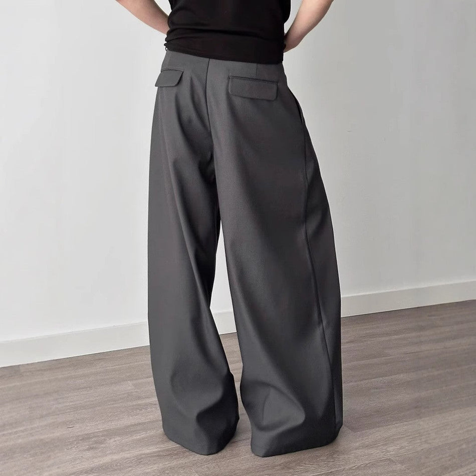 American Retro Gray Pleated Wide-Leg Pants