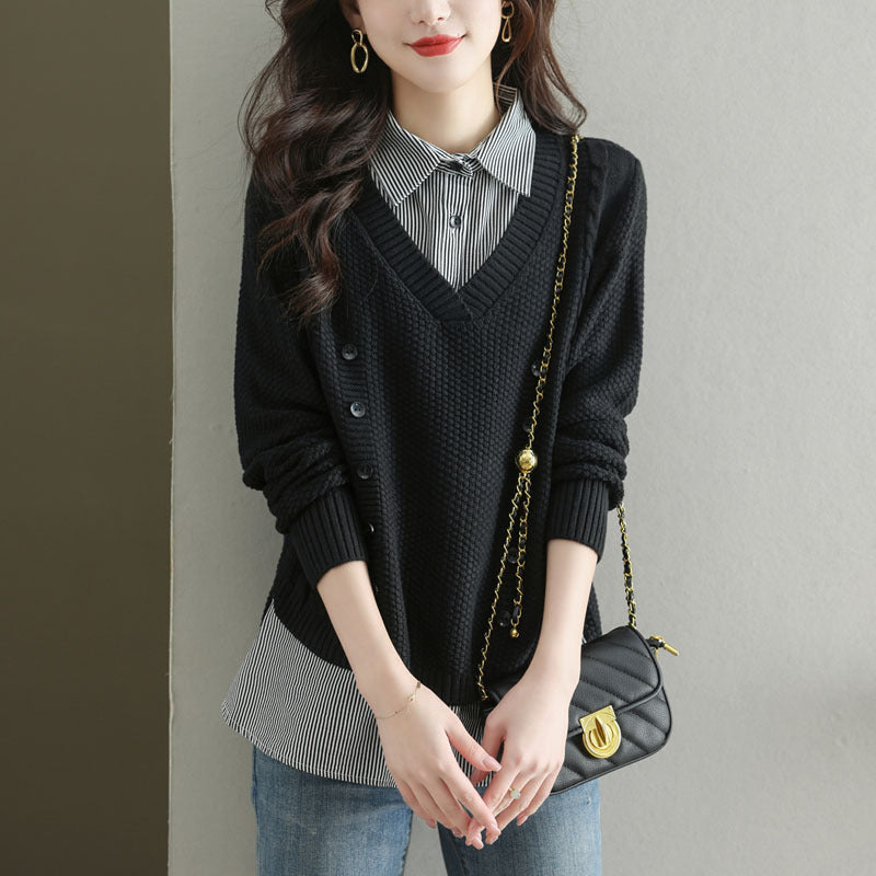 STOCK-Women’s Fake Two-Piece Sweater Shirt