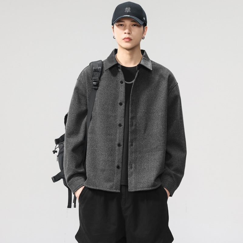 Heavy Woolen Overshirt Men’s Leather Lapel Jacket