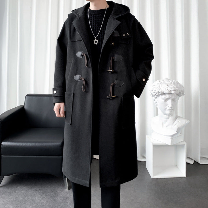 STOCK-Men’s Woolen Hooded Coat – Mid-Length Horn Button