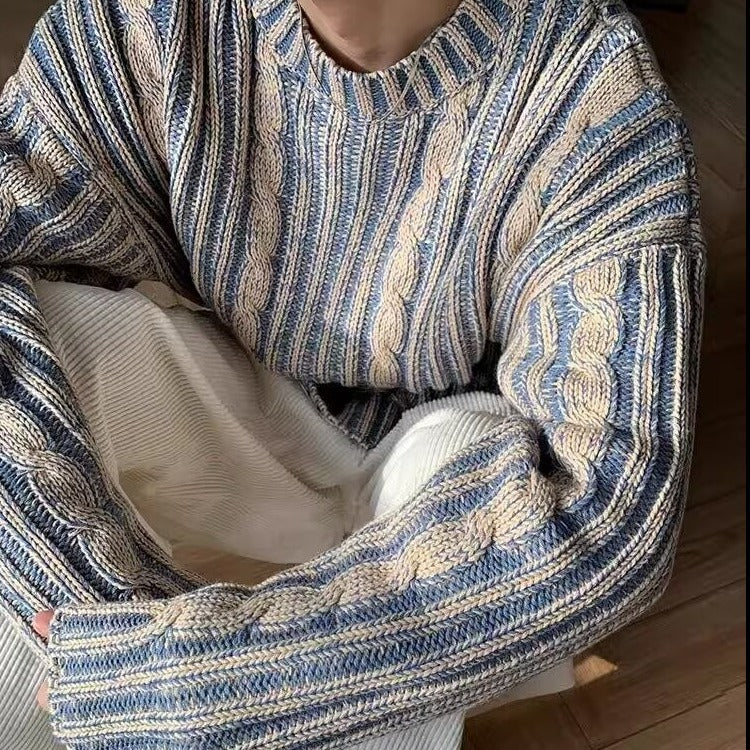 Men's Retro Striped Crew-Neck Sweater – Casual Knit Pullover