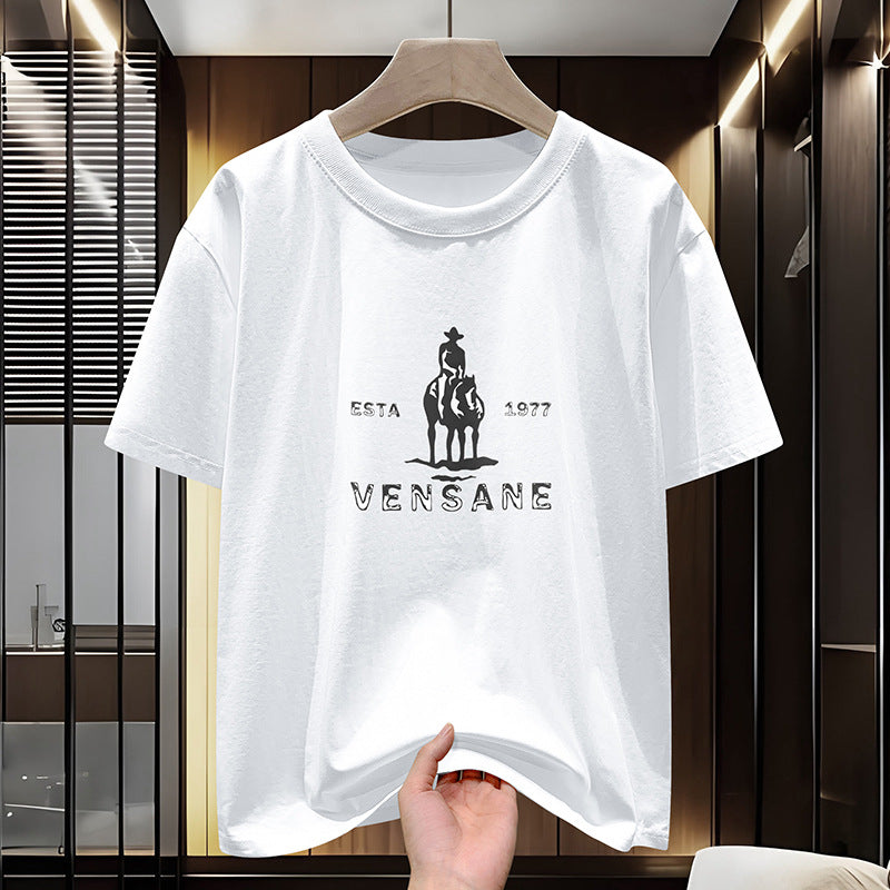 Men's Pure Cotton Western Print Crew Neck White Short Sleeve