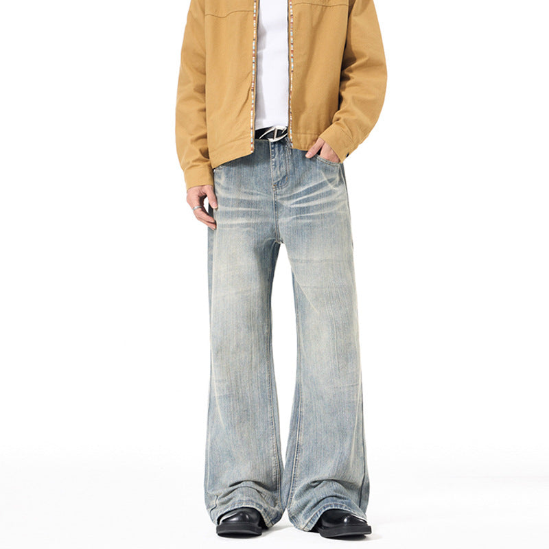Lktm Men's Washed Slub Pattern Flare Jeans Slim Long Pants