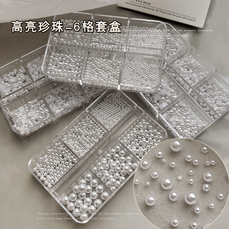 Pearl Nail Jewelry Set – 6 Grid Mixed-Size Beads