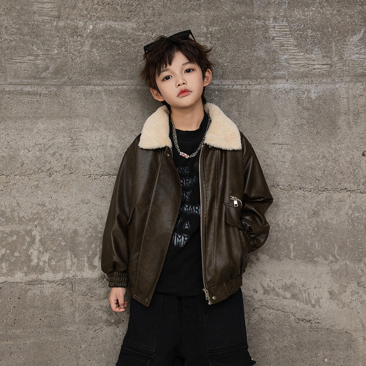 Boys Velvet Lined Quilted Leather Winter Jacket 2025