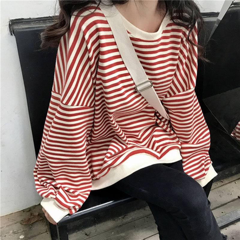 Women’s Striped Pullover Sweatshirt – Loose Korean Style Top