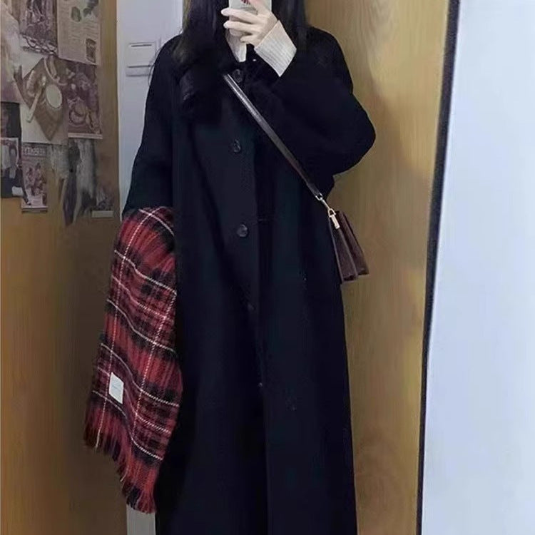 Black Mid-Length Woolen Coat Women’s Hepburn Style