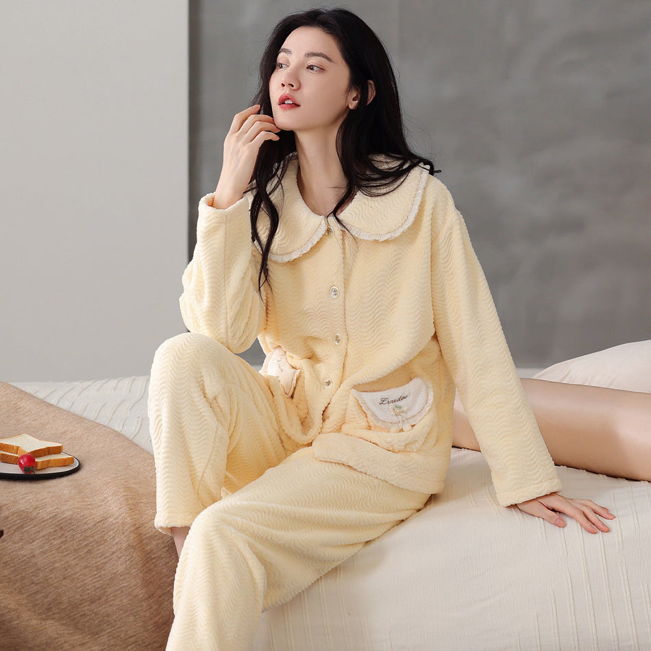 Women’s Flannel Pajama Set Doll Collar Warm Homewear
