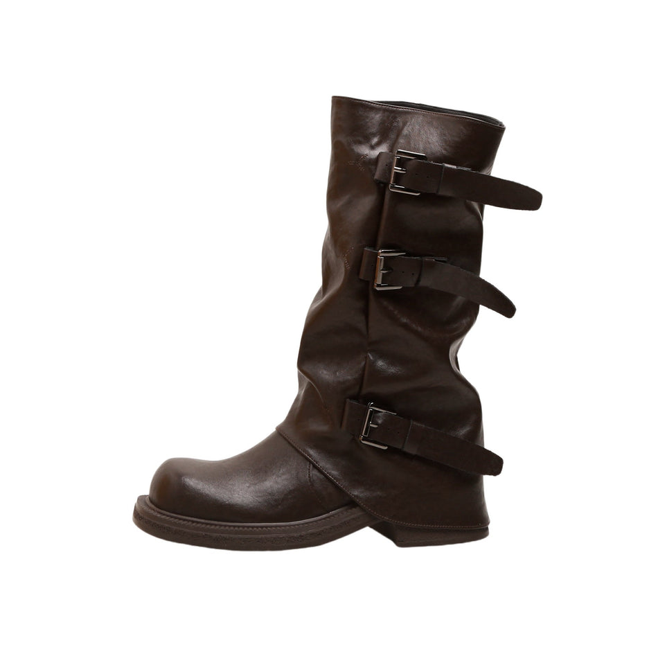 Square Toe Pleated Mid-Calf Western Boots