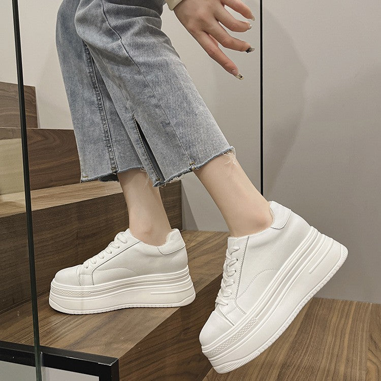 Platform Round-Toe White Sneakers for Women
