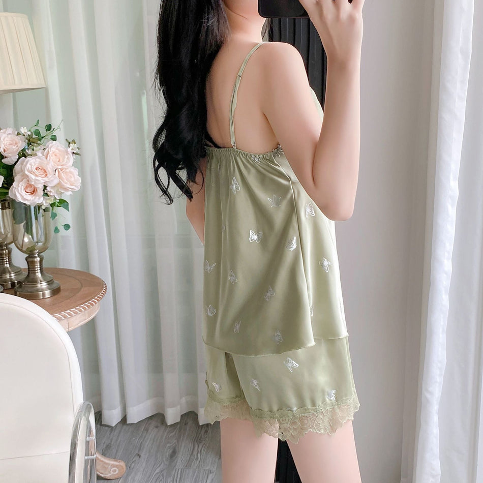 STOCK-Silk Lace Pajama Set – Summer Sling & Shorts Suit