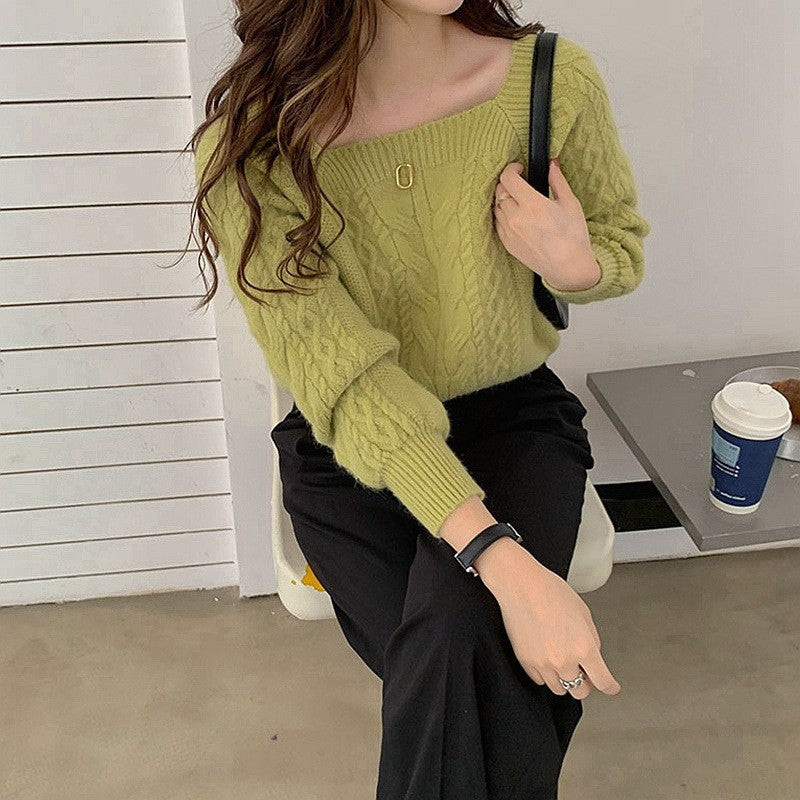 INSTOCK-Elegant Korean Lantern Sleeve Knit Sweater  for Women