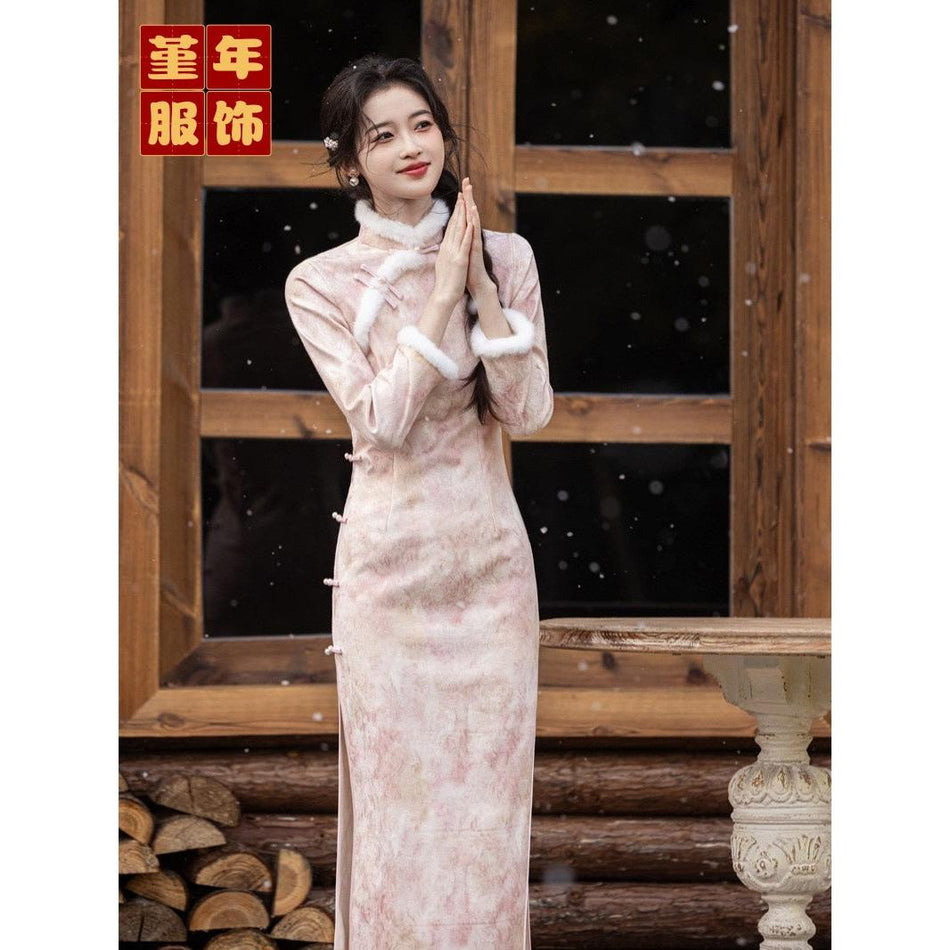 Jinian Satin Cheongsam Fur Collar Beaded Long Dress