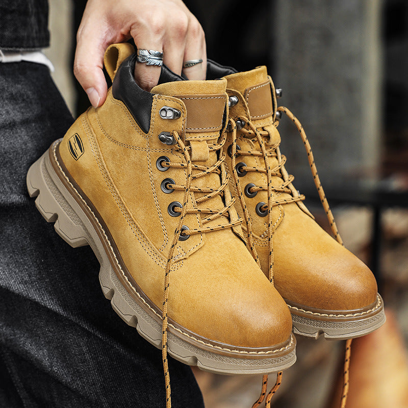 Men’s Genuine Leather Yellow Martin Boots Mid-Top Work Trend
