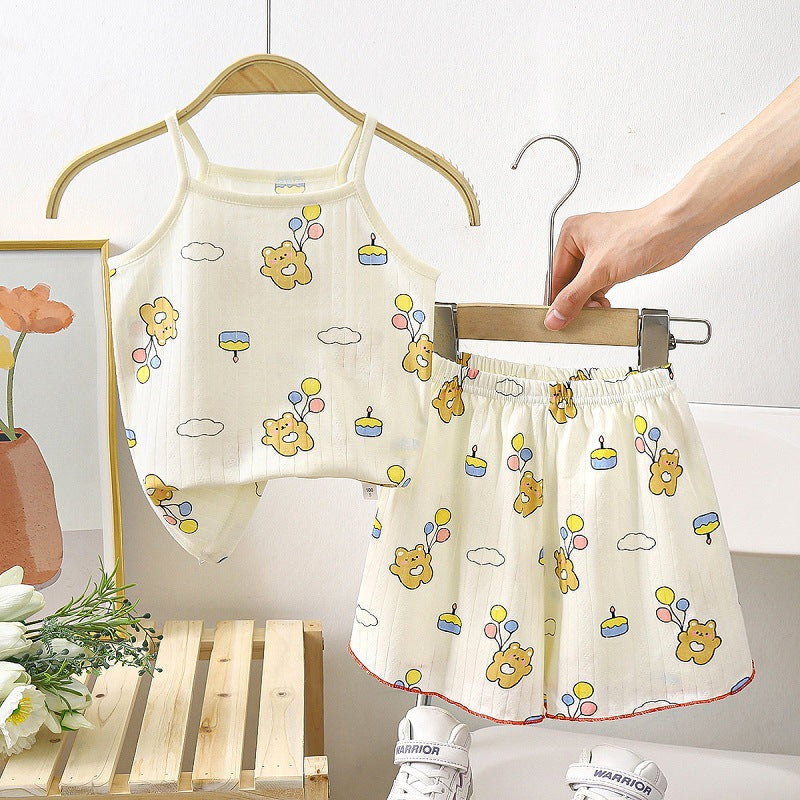 Girls Cotton Summer Pajamas | Cute Cartoon Sling Set
