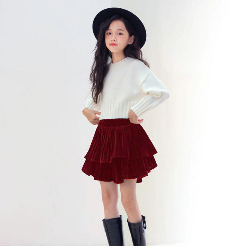 Girls Velvet A-Line Lotus Leaf Short Skirt Autumn Winter