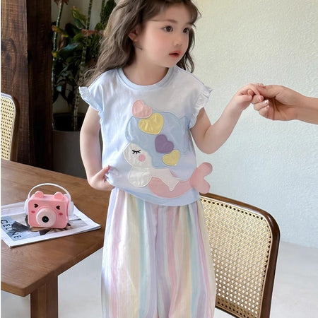 Girls Cartoon Korean Outfit – Summer Top & Pants Set – Outfit Sets – Image 6