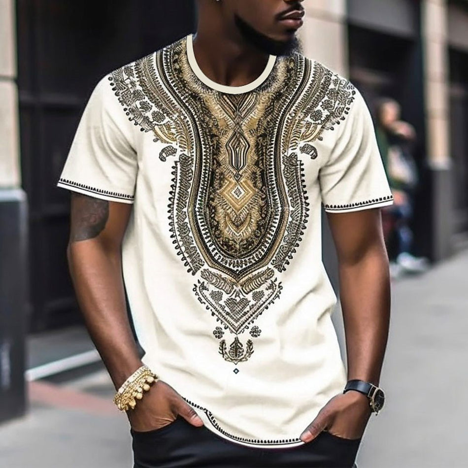 Men's 3D Tribal Print T-Shirt – Color Block Round Neck