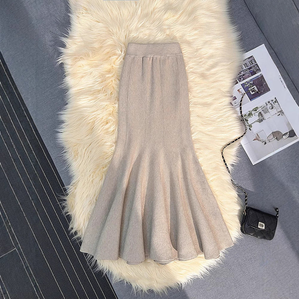 White Knitted Fishtail Midi Skirt with Lotus Hem