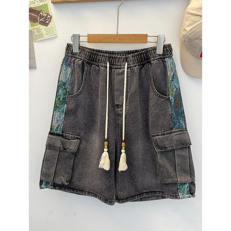 Chinese Style Multi-Pocket Denim Cargo Shorts
