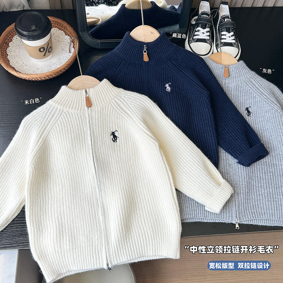 Boys’ Knitted Cardigan – Embroidered Zipper Autumn Sweater