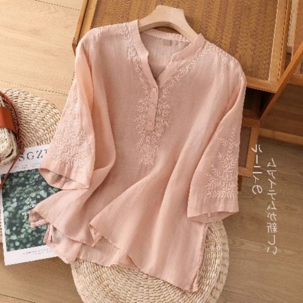 Embroidered V-Neck Cotton Linen Shirt