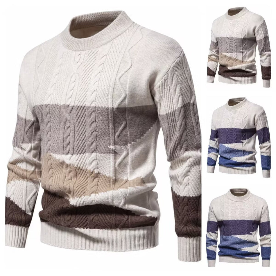 Men’s Color-Matching Round Neck Sweater – Retro Twist Knit