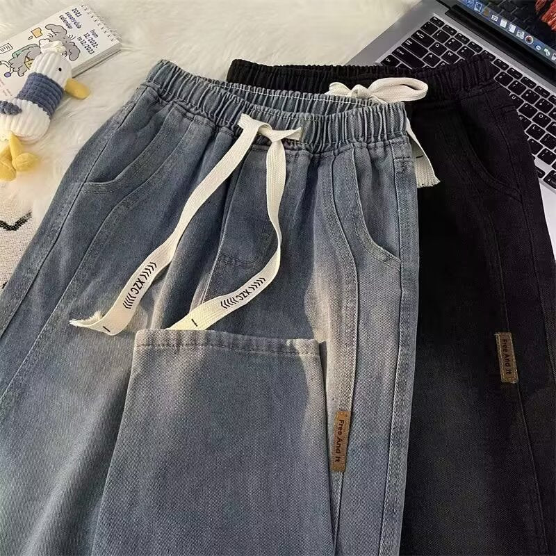 Unisex American Street Distressed Elastic Waist Jeans LooseL