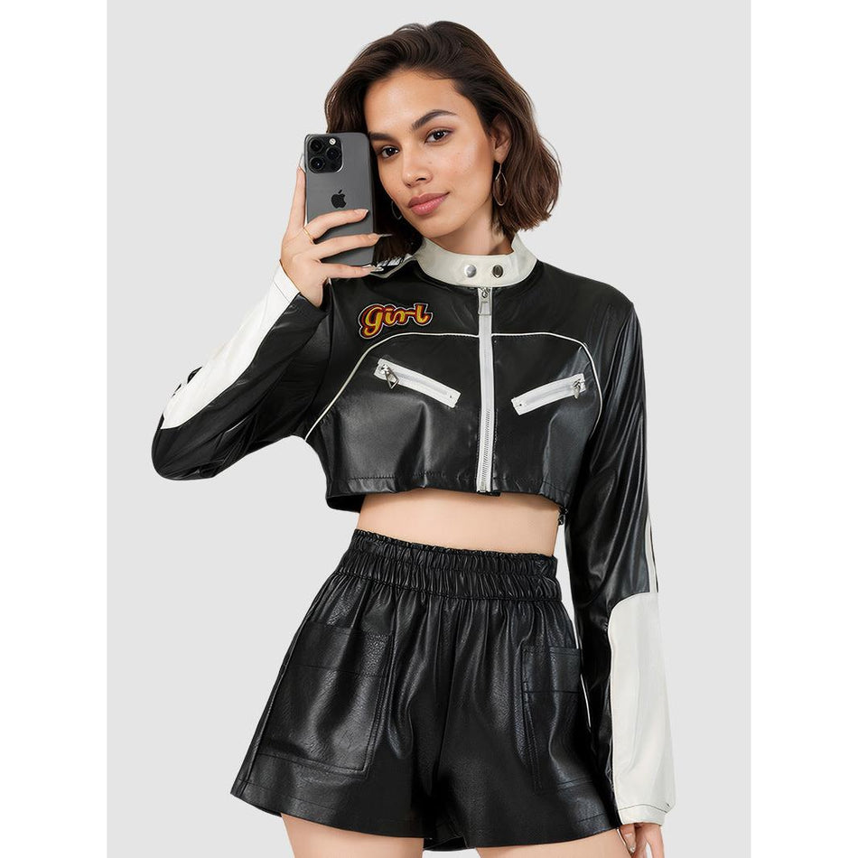 Women’s Color-Block Brushed PU Leather Jacket