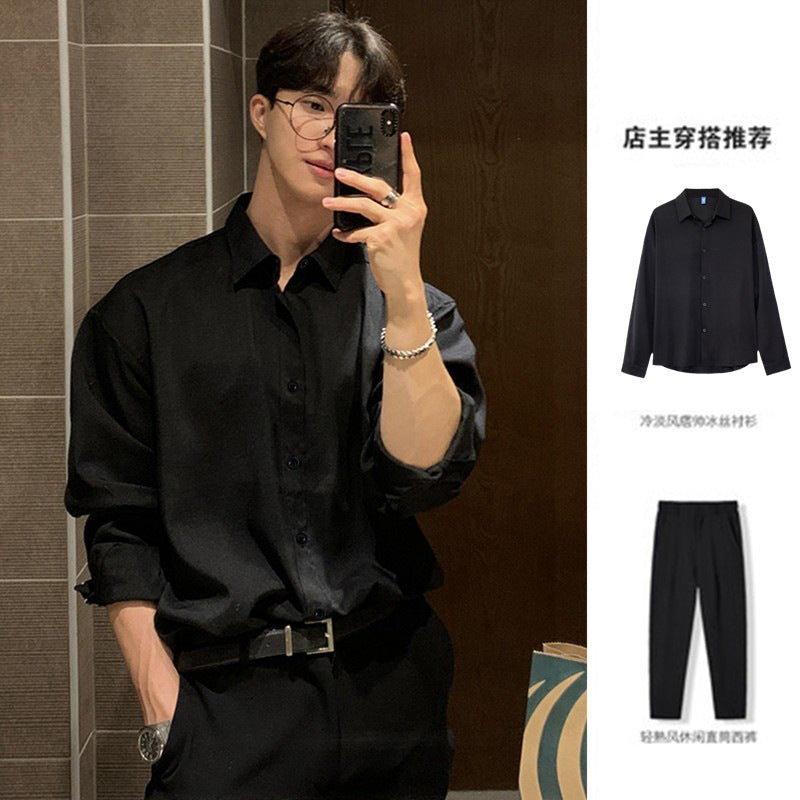 Men's Black Long-Sleeve High-End Casual Drape Shirt
