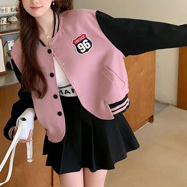 INSTOCK-Preppy Style Printed Baseball Jacket for Women