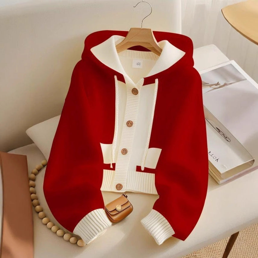 STOCK-Red Hooded Knit Cardigan