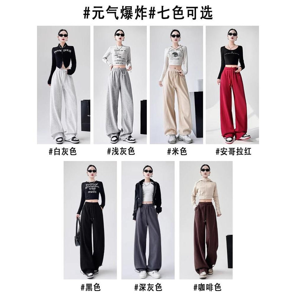 Red Fleece-Lined American Wide-Leg Sweatpants Women