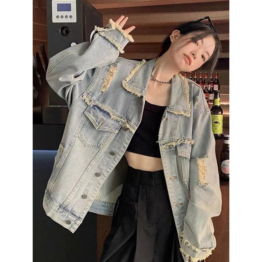 Retro Distressed Denim Jacket for Women