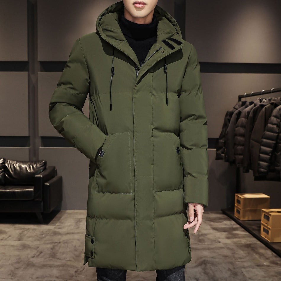 STOCK-Men’s Mid-Length Cotton Jacket – Loose Hooded Warm Winter