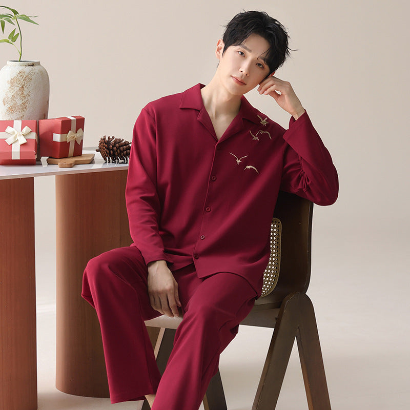 Men’s Pure Cotton Red Pajama Set Lapel Cardigan Long Sleeve