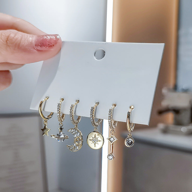 Moon & Star Zircon Earrings Set | 6-Piece Elegant Jewelry