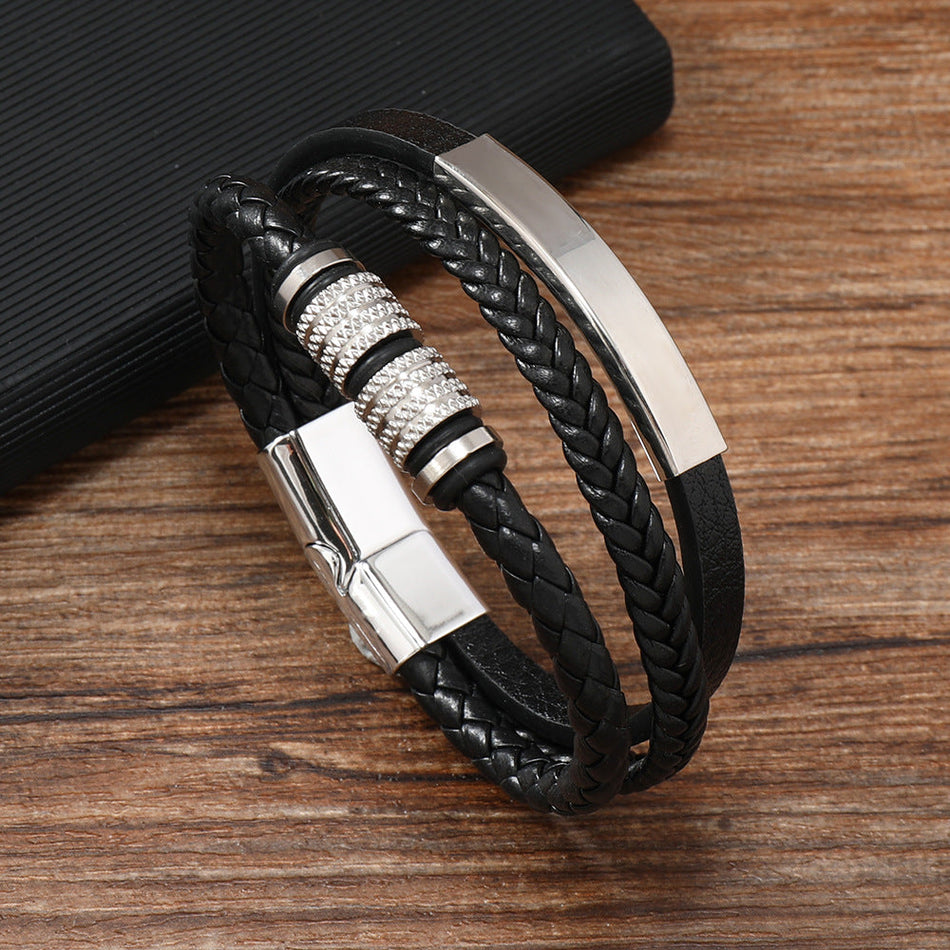 STOCK-Men's Multi-Layer Leather Bracelet – Stainless Steel