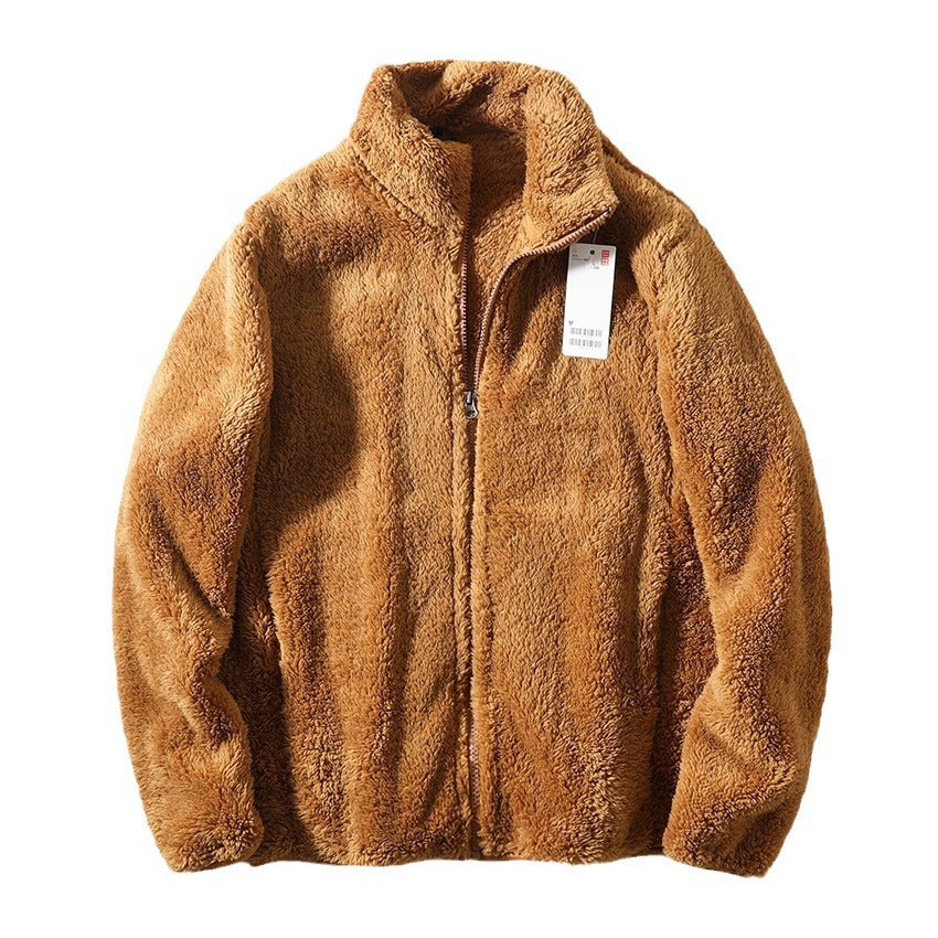 STOCK-Men’s Long Plush Lamb Wool Stand Collar Jacket