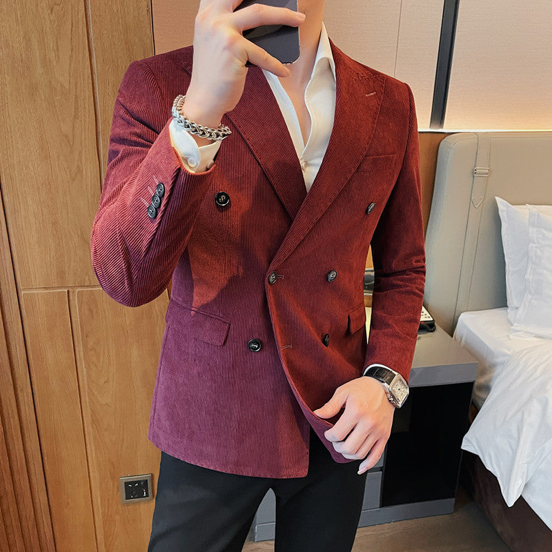 Men’s Corduroy Striped Double-Breasted Suit – Slim Casual