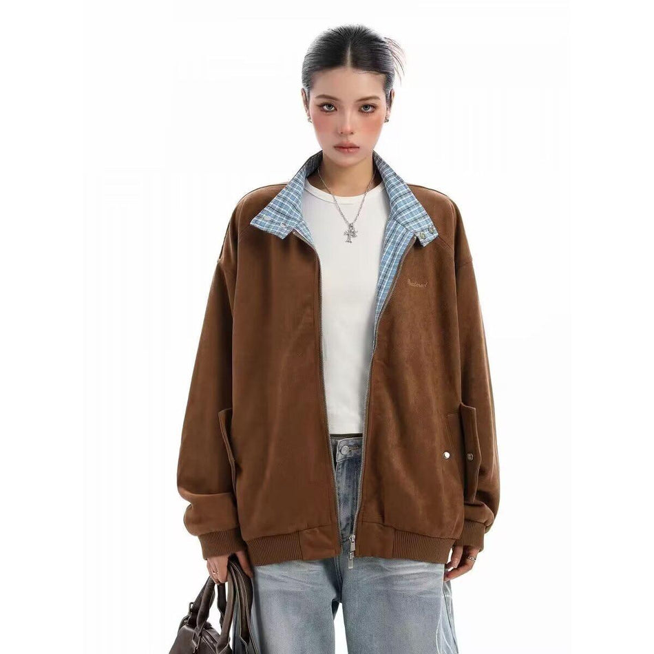 Unisex Plaid Splicing Suede Jacket Autumn Baseball Style Fit