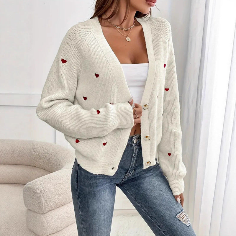 Love Embroidered V-Neck Cardigan