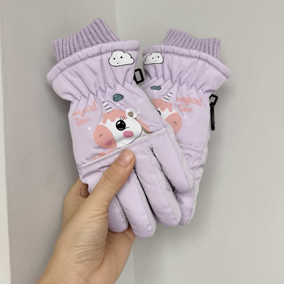 Winter Cute Cartoon Pony Kidsrens Ski Gloves Fleece Lined