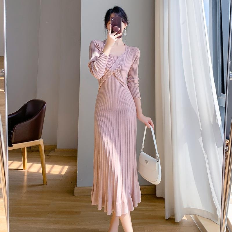STOCK-French Style Long Hip-Wrap Fishtail Sweater Dress