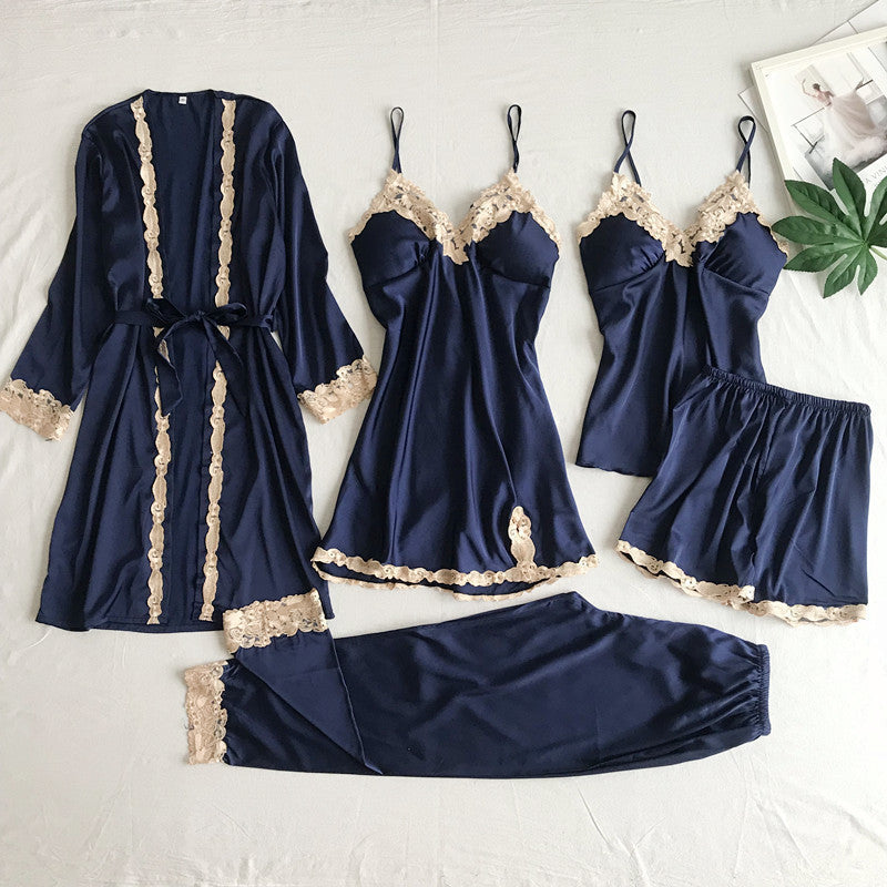 STOCK-Sexy 5-Piece Imitation Silk Pajama Set – European