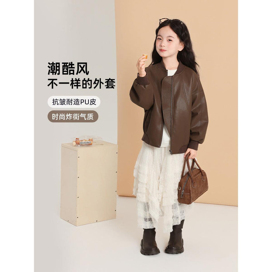 Pudding Haru Girls’ PU Leather Jacket 2025 Autumn Trendy Cool
